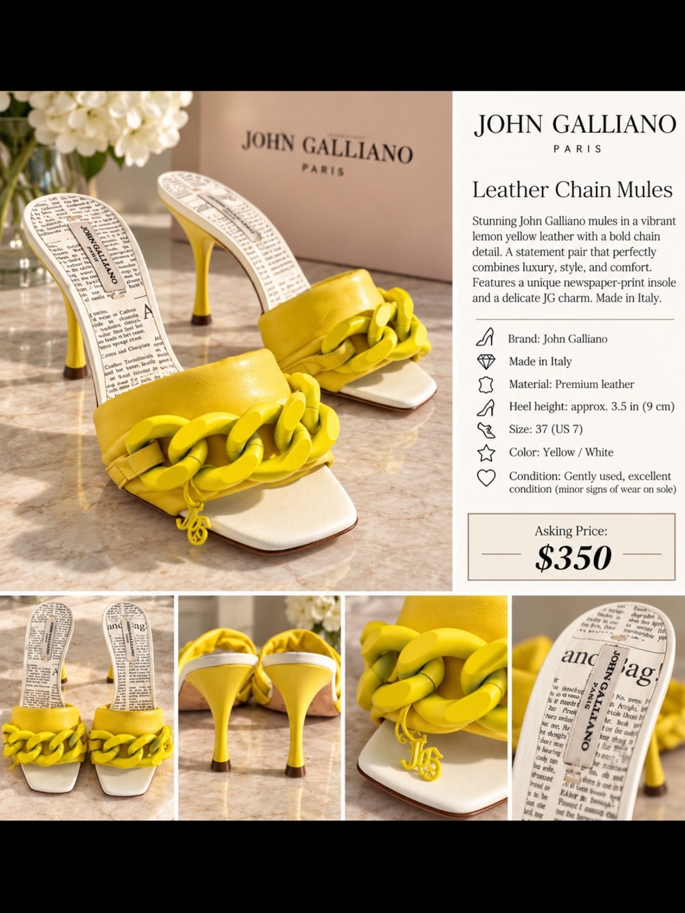 John Galliano Lemon Yellow Leather Chain Mules
